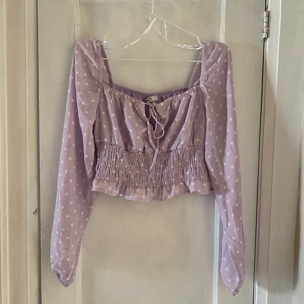 Suzy Shier - Lavender white dotted blouse top with tie front